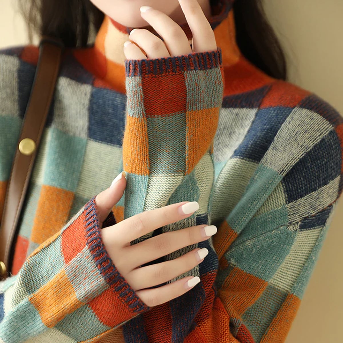 women's turtleneck check knit pullover