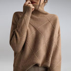 women's turtleneck diamond knit pullover sweater in brown