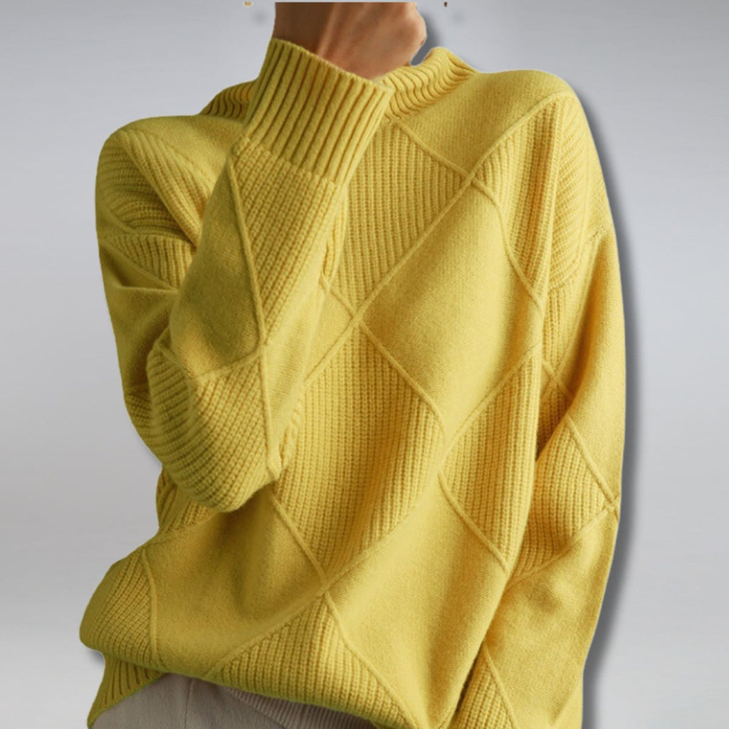 women's turtleneck diamond knit pullover sweater in yellow
