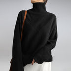 women's turtleneck diamond knit pullover sweater in black