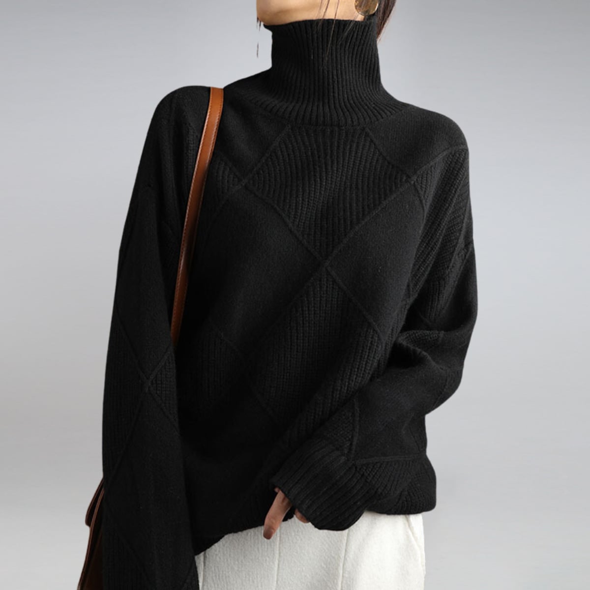 women's turtleneck diamond knit pullover sweater in black