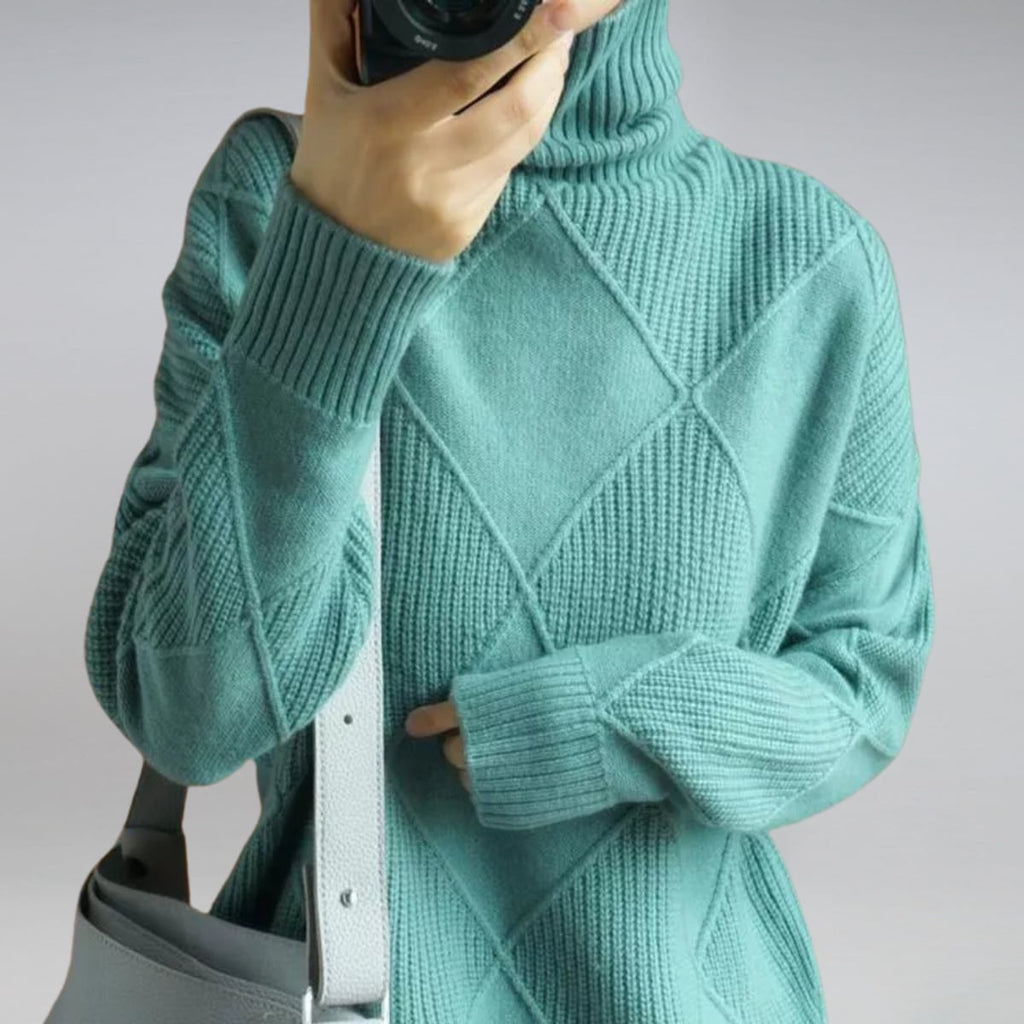 women's turtleneck diamond knit pullover sweater in blue