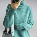 women's turtleneck diamond knit pullover sweater in blue