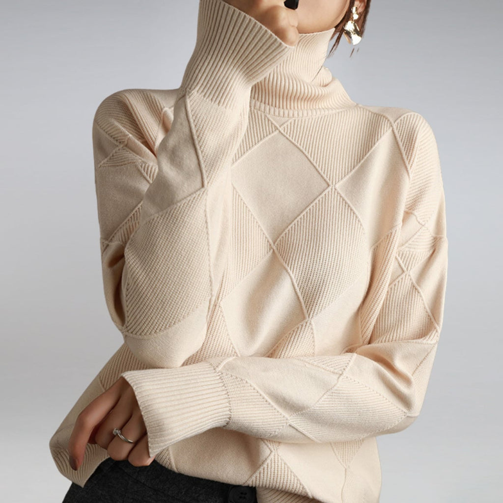 women's turtleneck diamond knit pullover sweater in beige