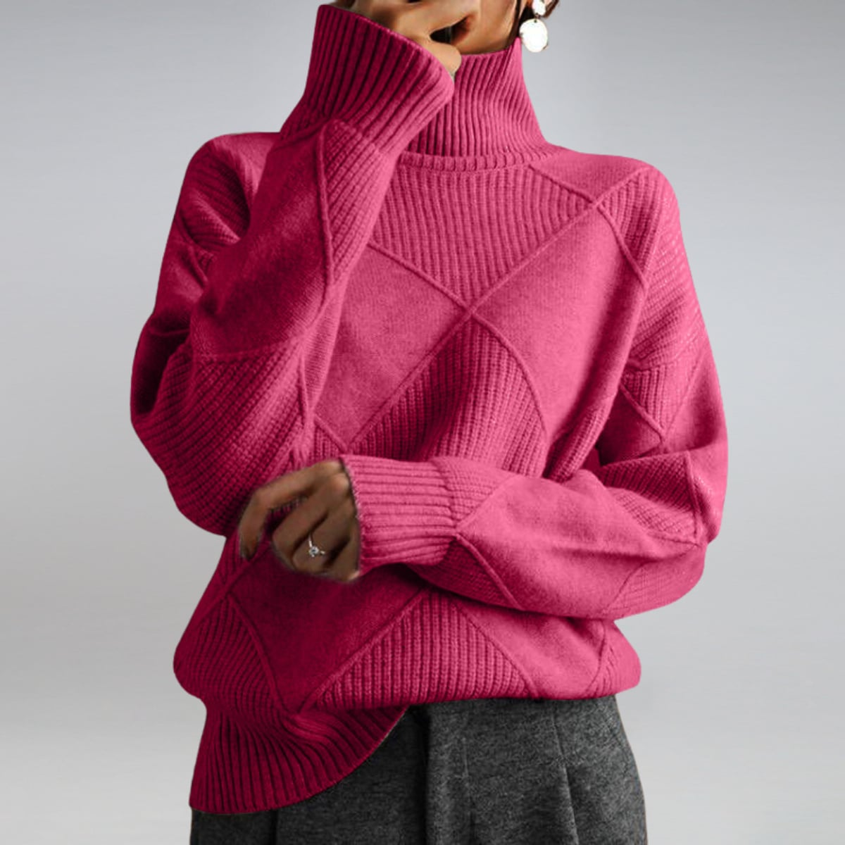 women's turtleneck diamond knit pullover sweater in pink