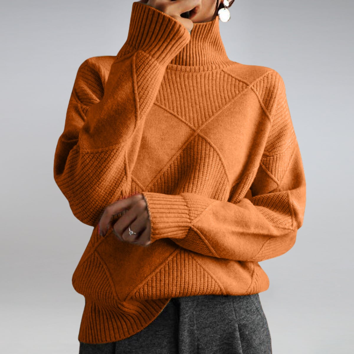 women's turtleneck diamond knit pullover sweater in orange