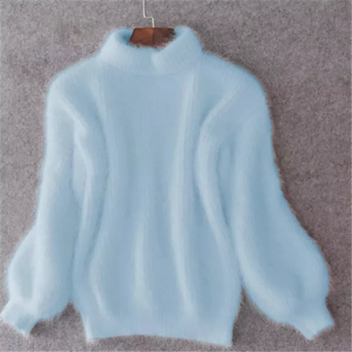 women's turtleneck fluffy knit pullover sweater in blue