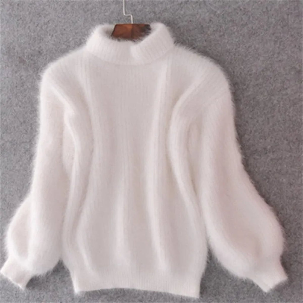 women's turtleneck fluffy knit pullover sweater in white