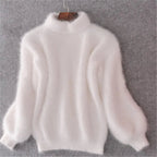 women's turtleneck fluffy knit pullover sweater in white