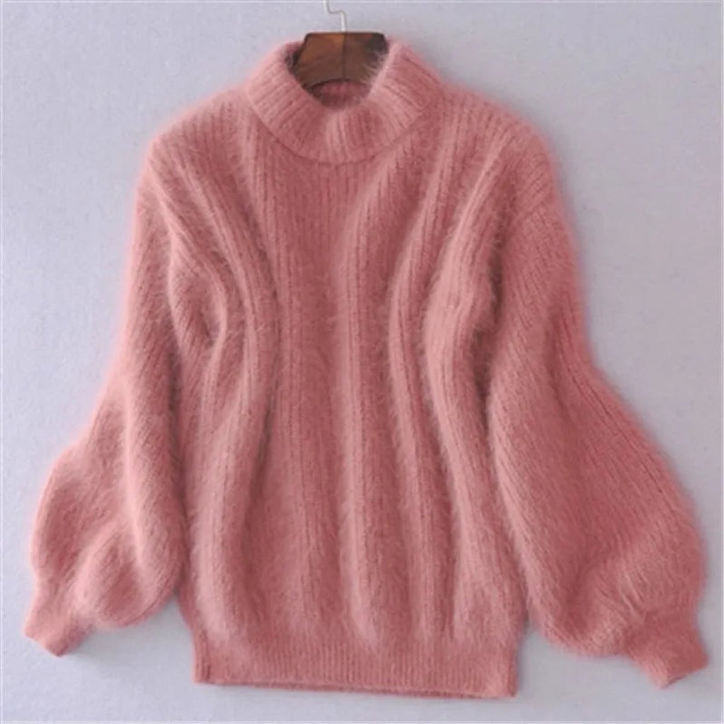 women's turtleneck fluffy knit pullover sweater in pink