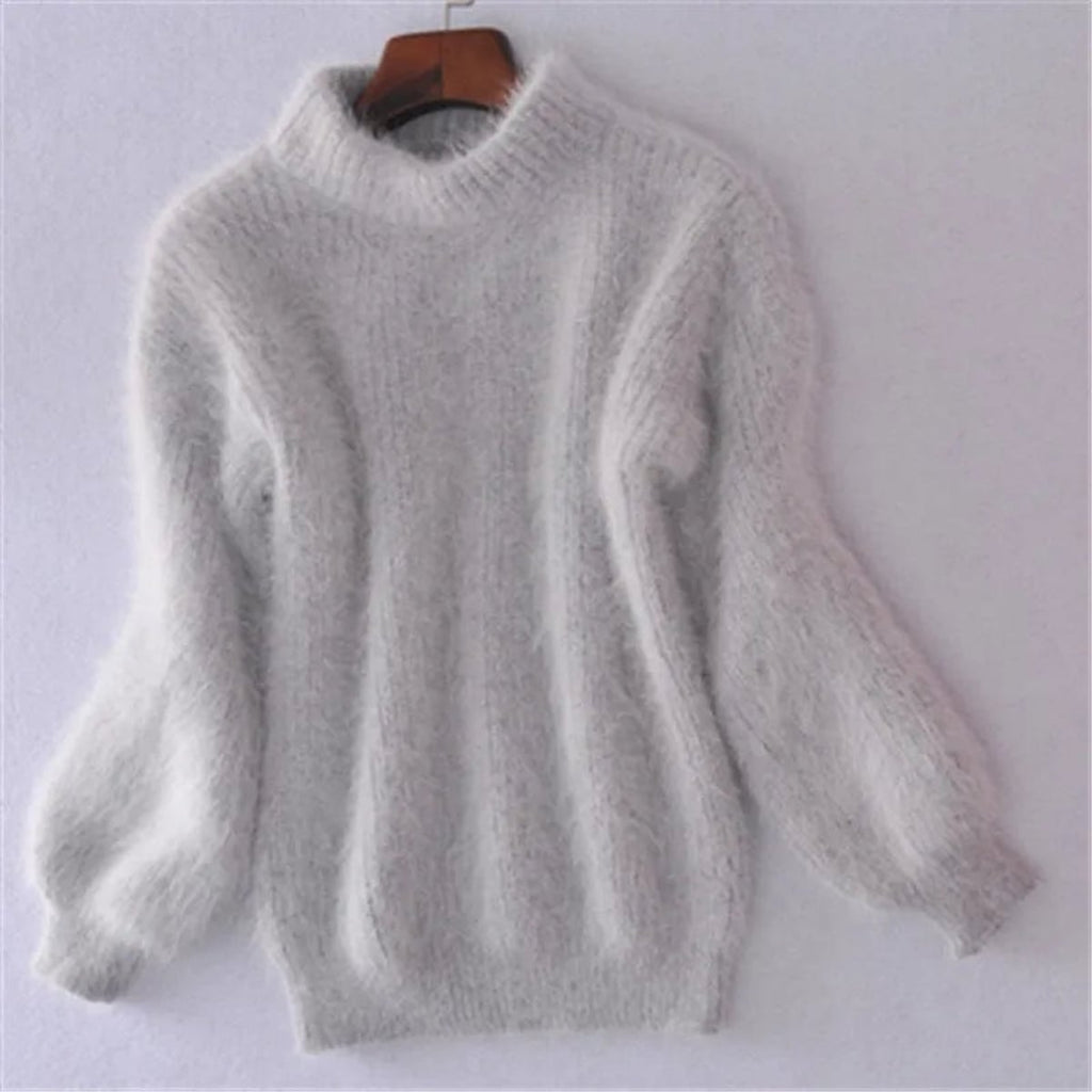 women's turtleneck fluffy knit pullover sweater in gray
