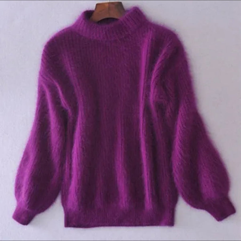 women's turtleneck fluffy knit pullover sweater in purple