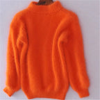 women's turtleneck fluffy knit pullover sweater in orange