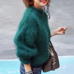 women's turtleneck fluffy knit pullover sweater in green