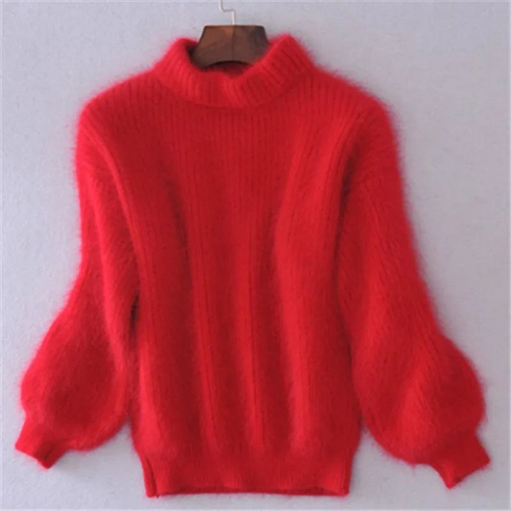 women's turtleneck fluffy knit pullover sweater in red