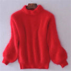 women's turtleneck fluffy knit pullover sweater in red