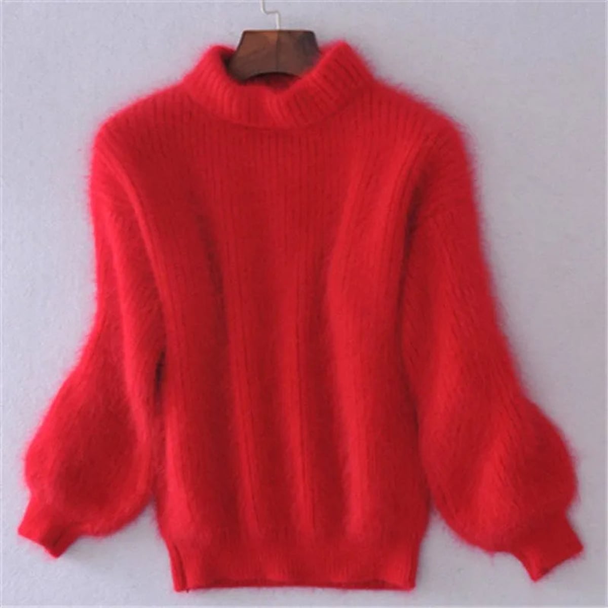 women's turtleneck fluffy knit pullover sweater in red