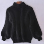 women's turtleneck fluffy knit pullover sweater in black