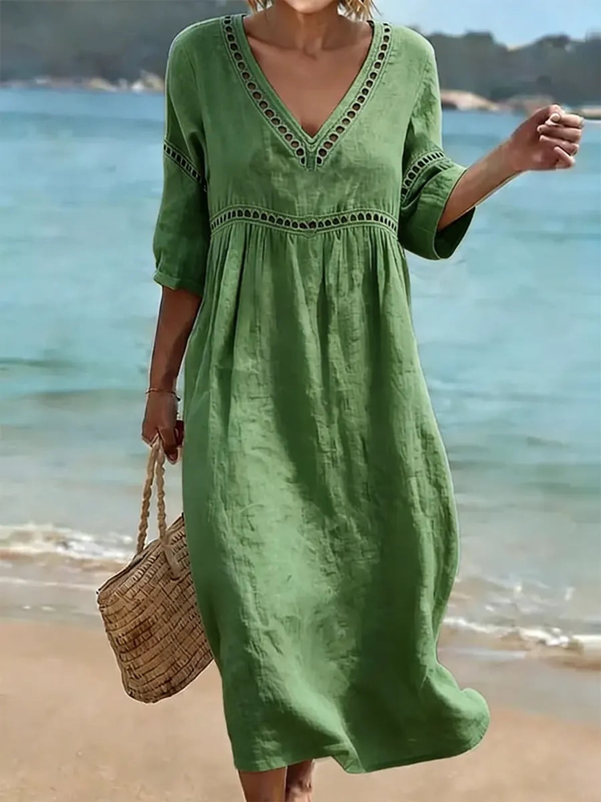 women's v-neck flowy midi dress in green
