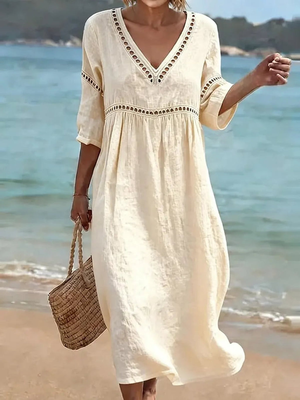 women's v-neck flowy midi dress in white