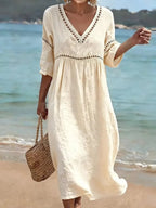 women's v-neck flowy midi dress in white