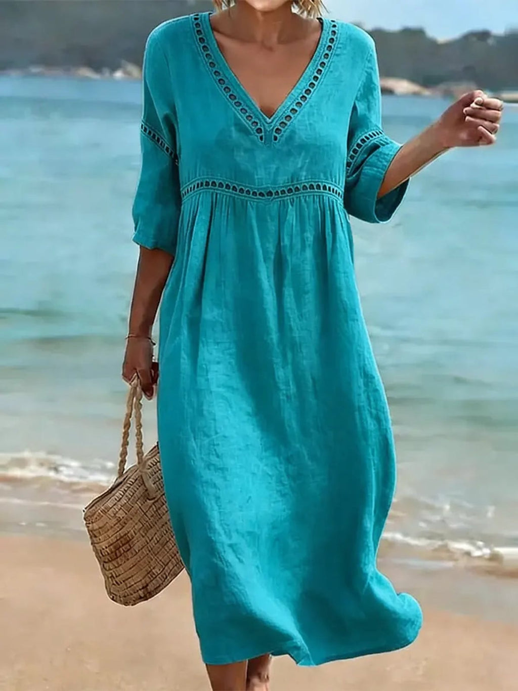 women's v-neck flowy midi dress in blue