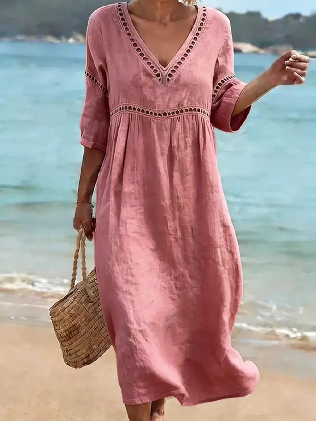 women's v-neck flowy midi dress in pink