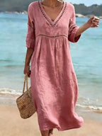 women's v-neck flowy midi dress in pink