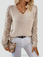 women's v-neck openwork sleeve knit sweater in beige