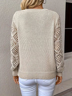 women's v-neck openwork sleeve knit sweater in beige