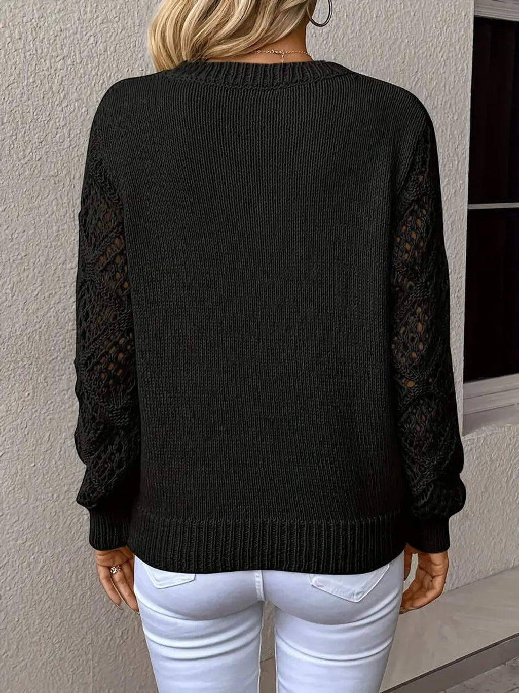 women's v-neck openwork sleeve knit sweater in black
