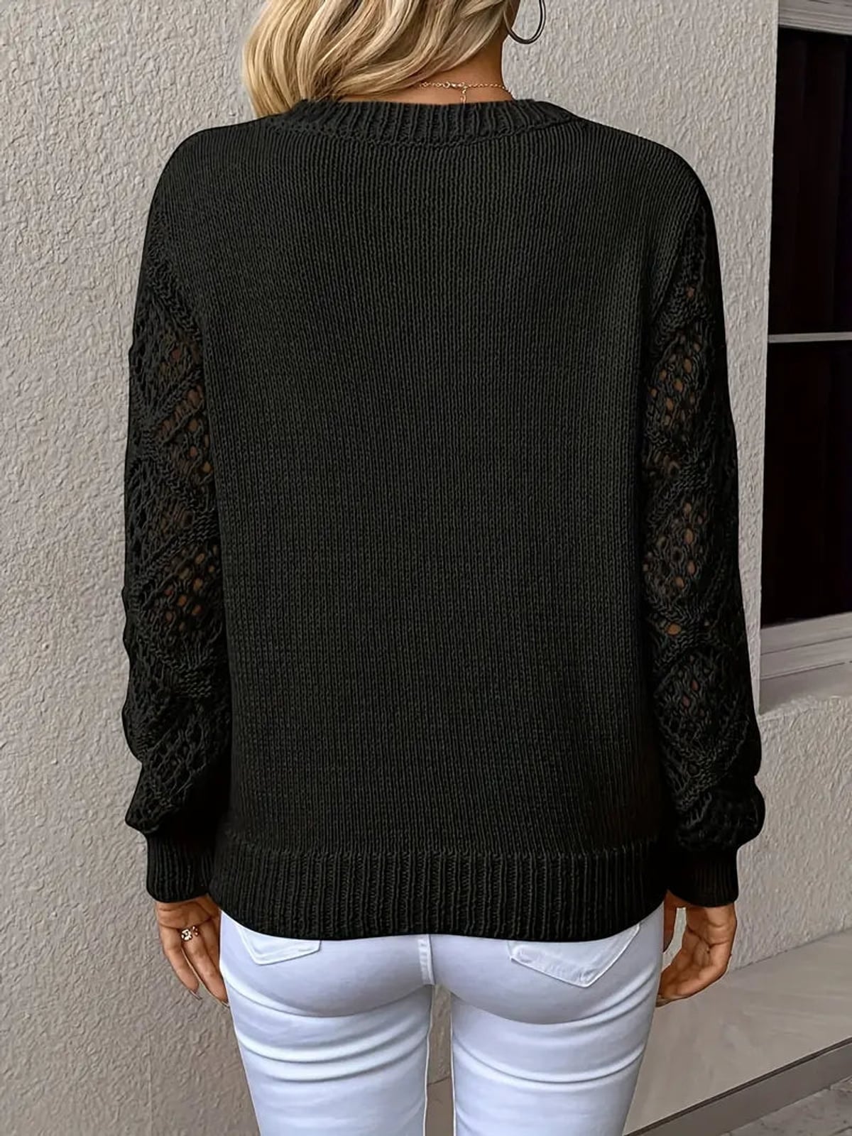 women's v-neck openwork sleeve knit sweater in black