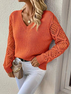 women's v-neck openwork sleeve knit sweater in orange