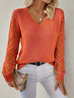 women's v-neck openwork sleeve knit sweater in orange