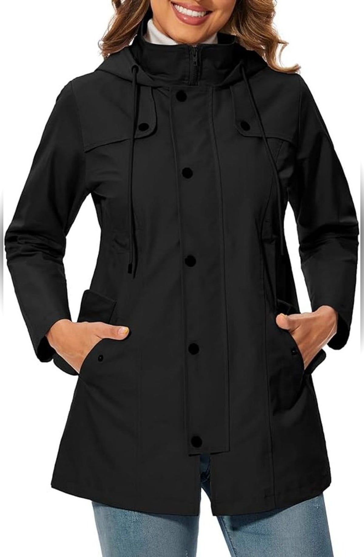 women's waterproof hooded jacket with fitted waist in black