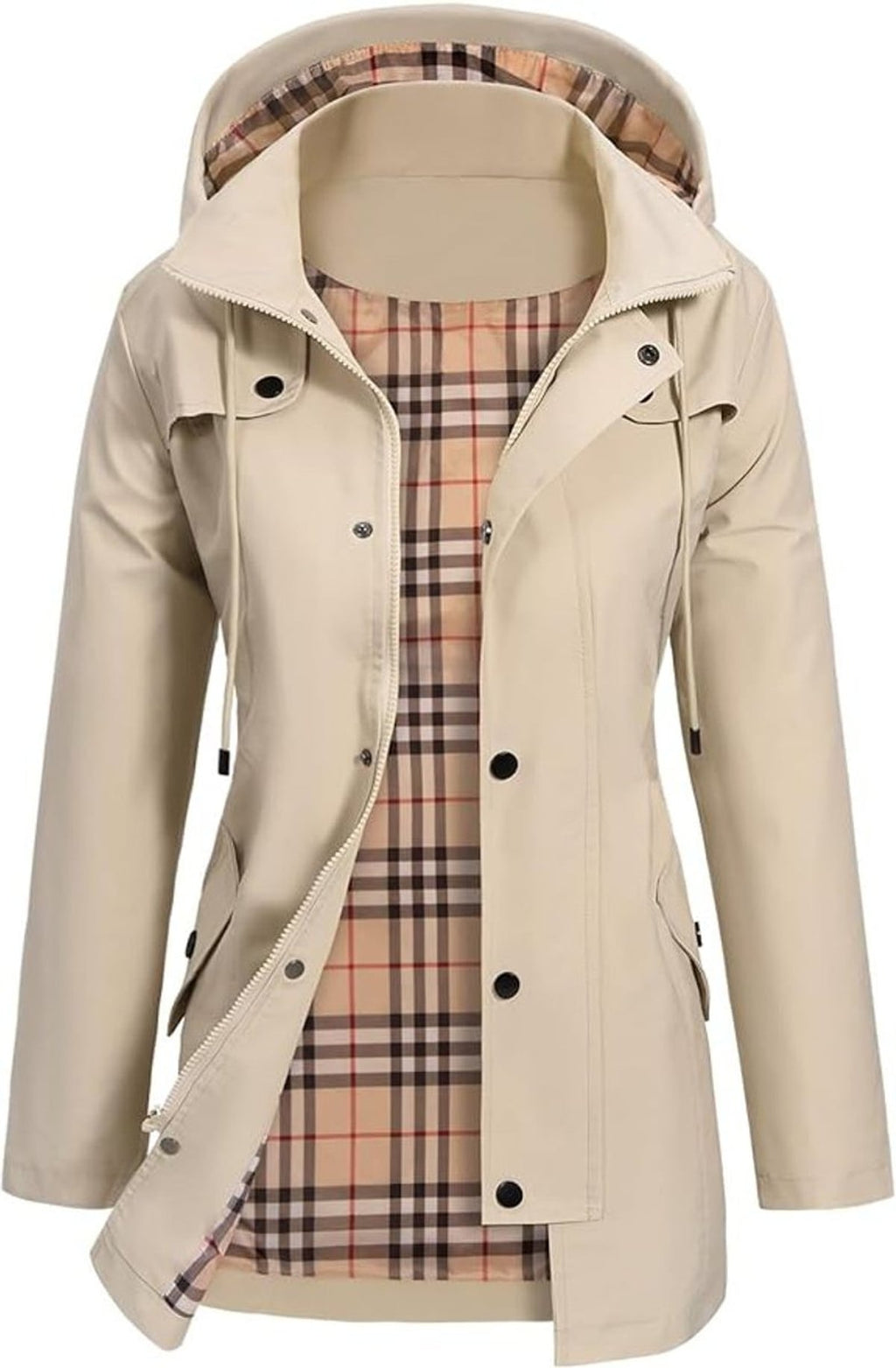 women's waterproof hooded jacket with fitted waist in beige