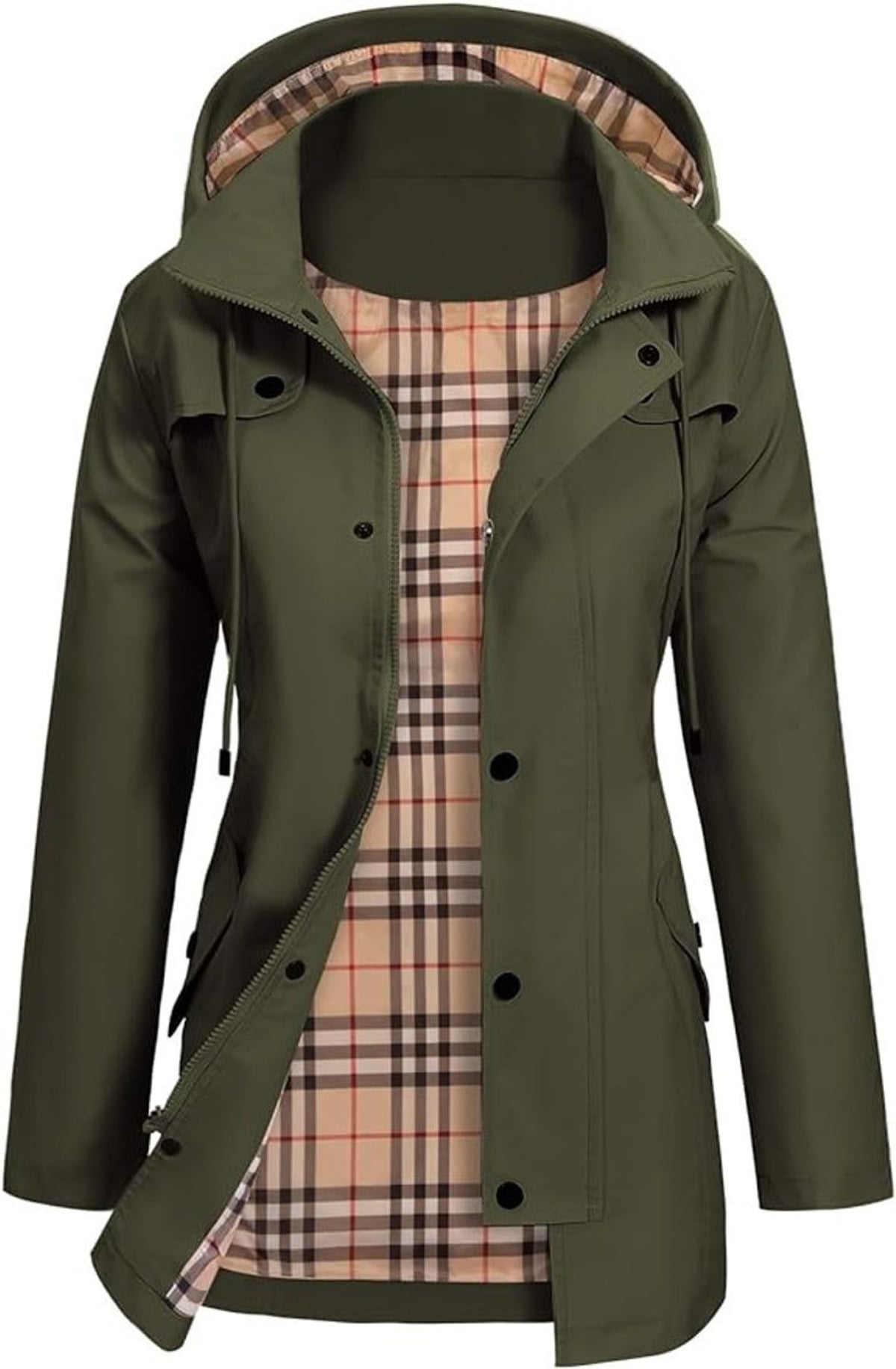 women's waterproof hooded jacket with fitted waist in olive green