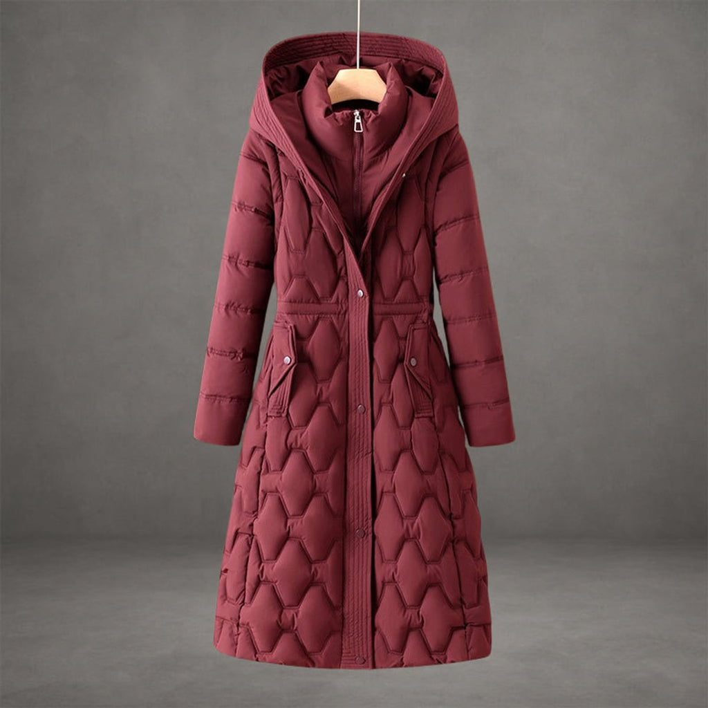women's waterproof long hooded winter coat in red