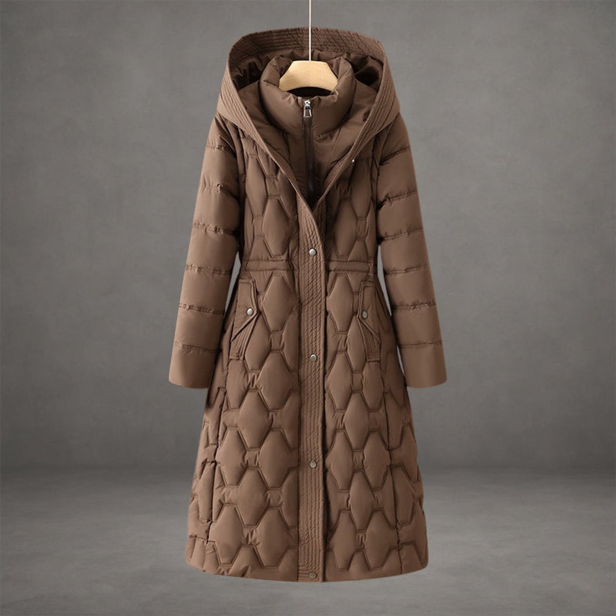 women's waterproof long hooded winter coat in brown