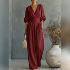 women's wide leg v-neck jumpsuit in red