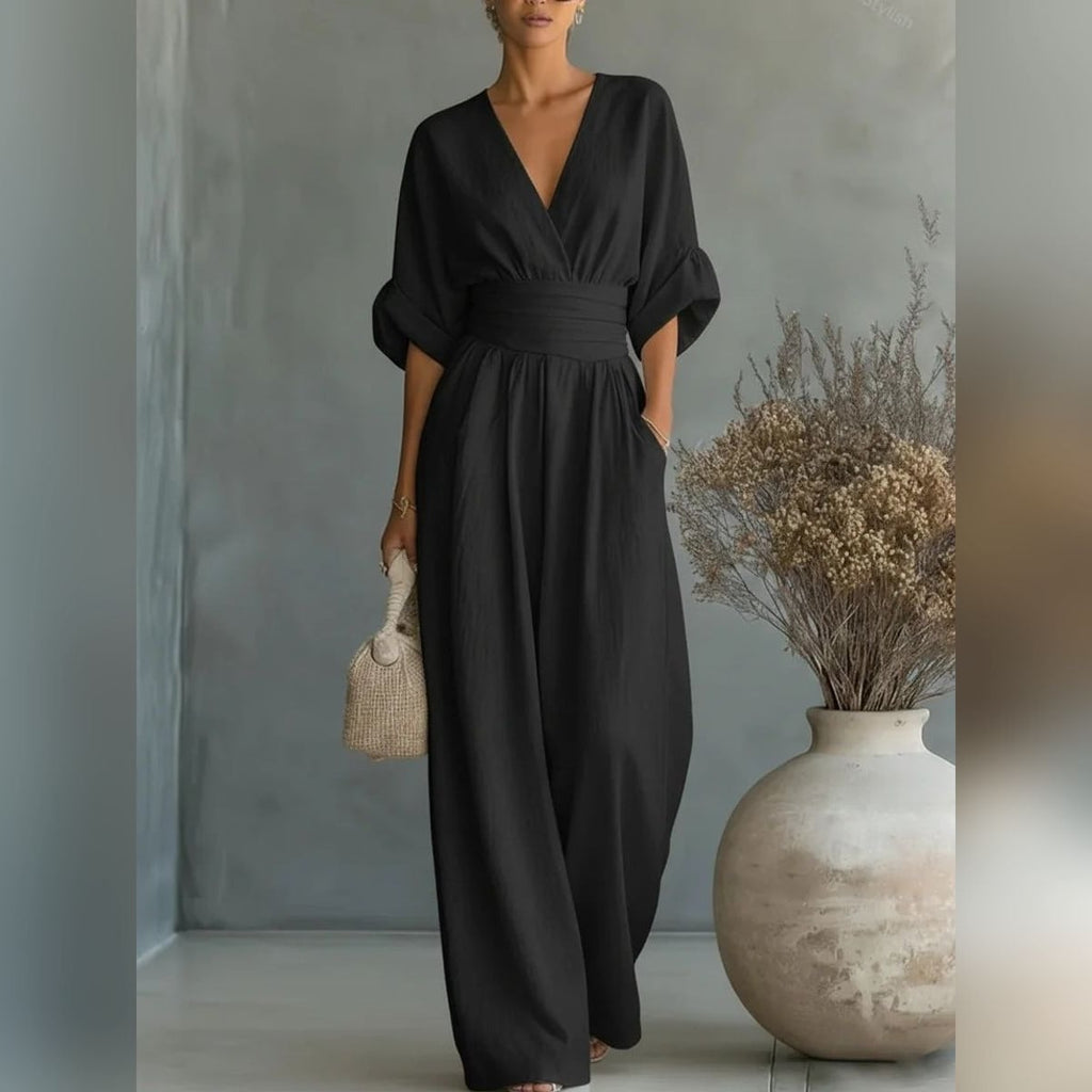 women's wide leg v-neck jumpsuit in black