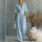 women's wide leg v-neck jumpsuit in blue