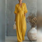women's wide leg v-neck jumpsuit in yellow