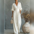 women's wide leg v-neck jumpsuit in white