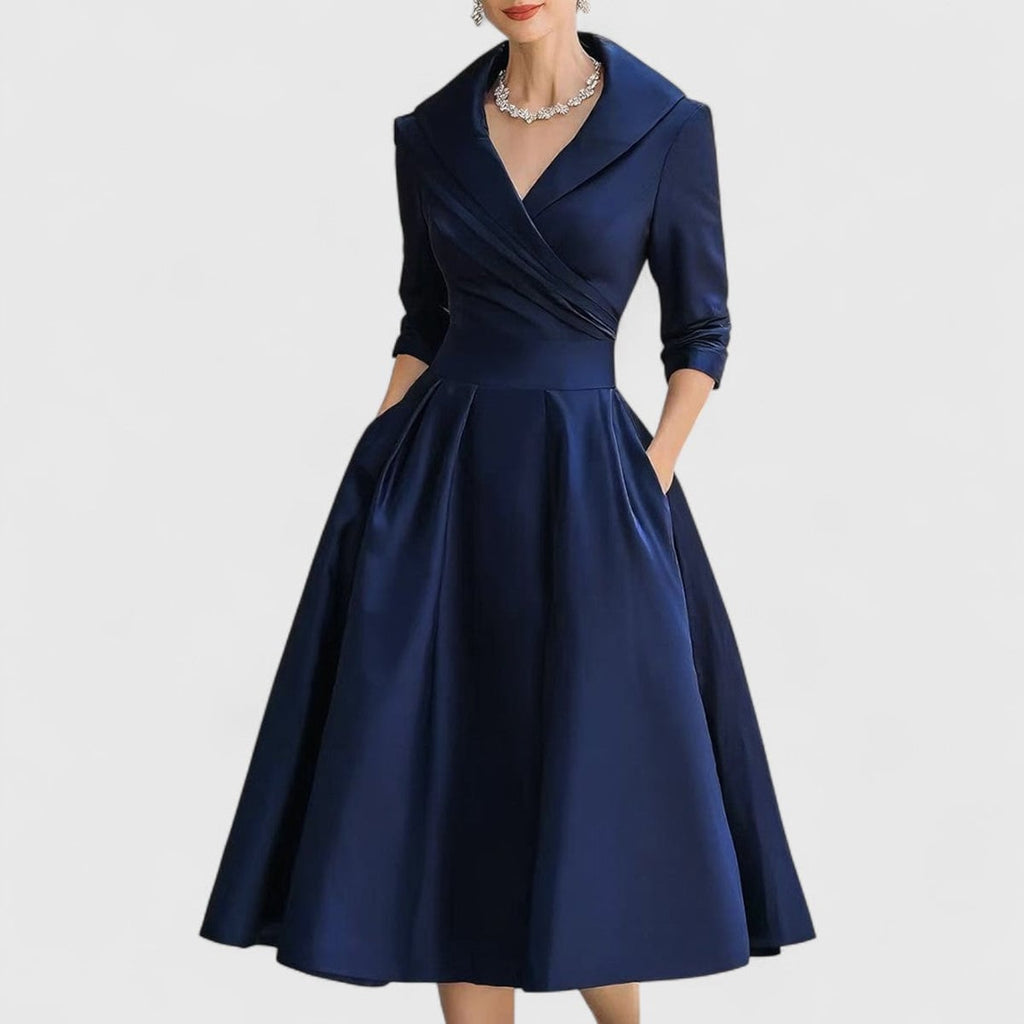 women's wrap bodice midi dress with pockets in navy blue
