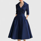 women's wrap bodice midi dress with pockets in navy blue