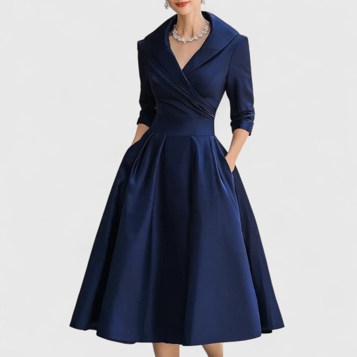 women's wrap bodice midi dress with pockets in navy blue