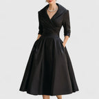 women's wrap bodice midi dress with pockets in black