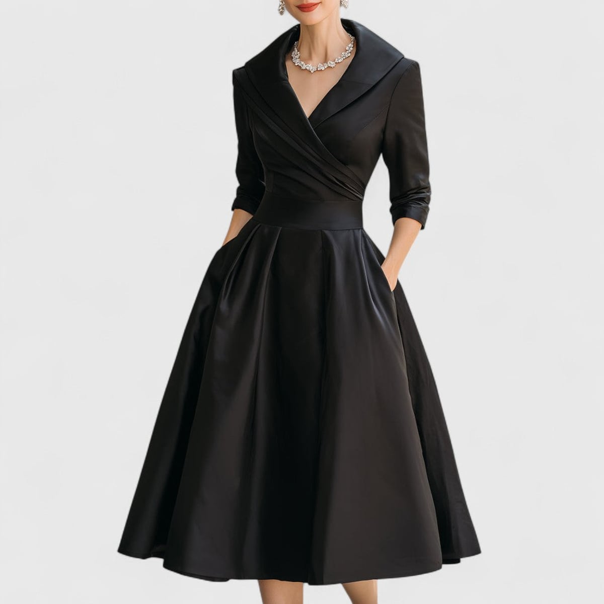 women's wrap bodice midi dress with pockets in black