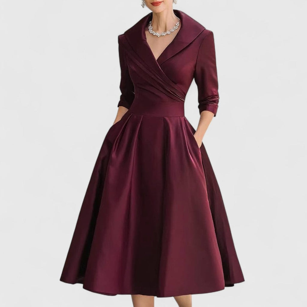 women's wrap bodice midi dress with pockets in deep red